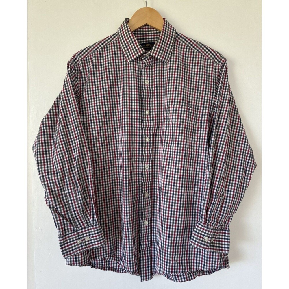 Club Room Button Shirt Men’s Large Red Blue Plaid Check Luxury 16.5 32/33